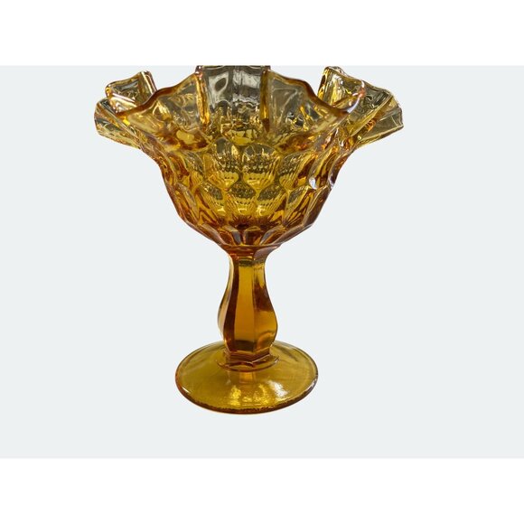 Amber Compote Ruffled Edge Glass Pedestal Vase With Textured Pattern - Picture 5 of 5